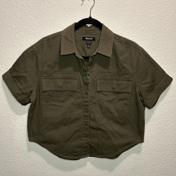 Madewell Cropped Short-Sleeved Button-up Collared Shirt Women’s Small Army Green - Picture 1 of 12